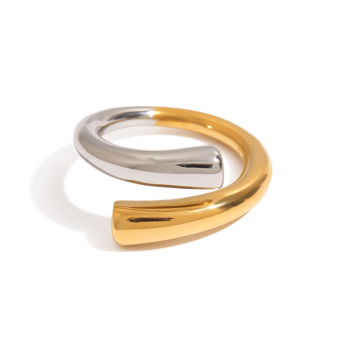 18K Gold Two Tone Minimalist Chic Silver Cuff Ring