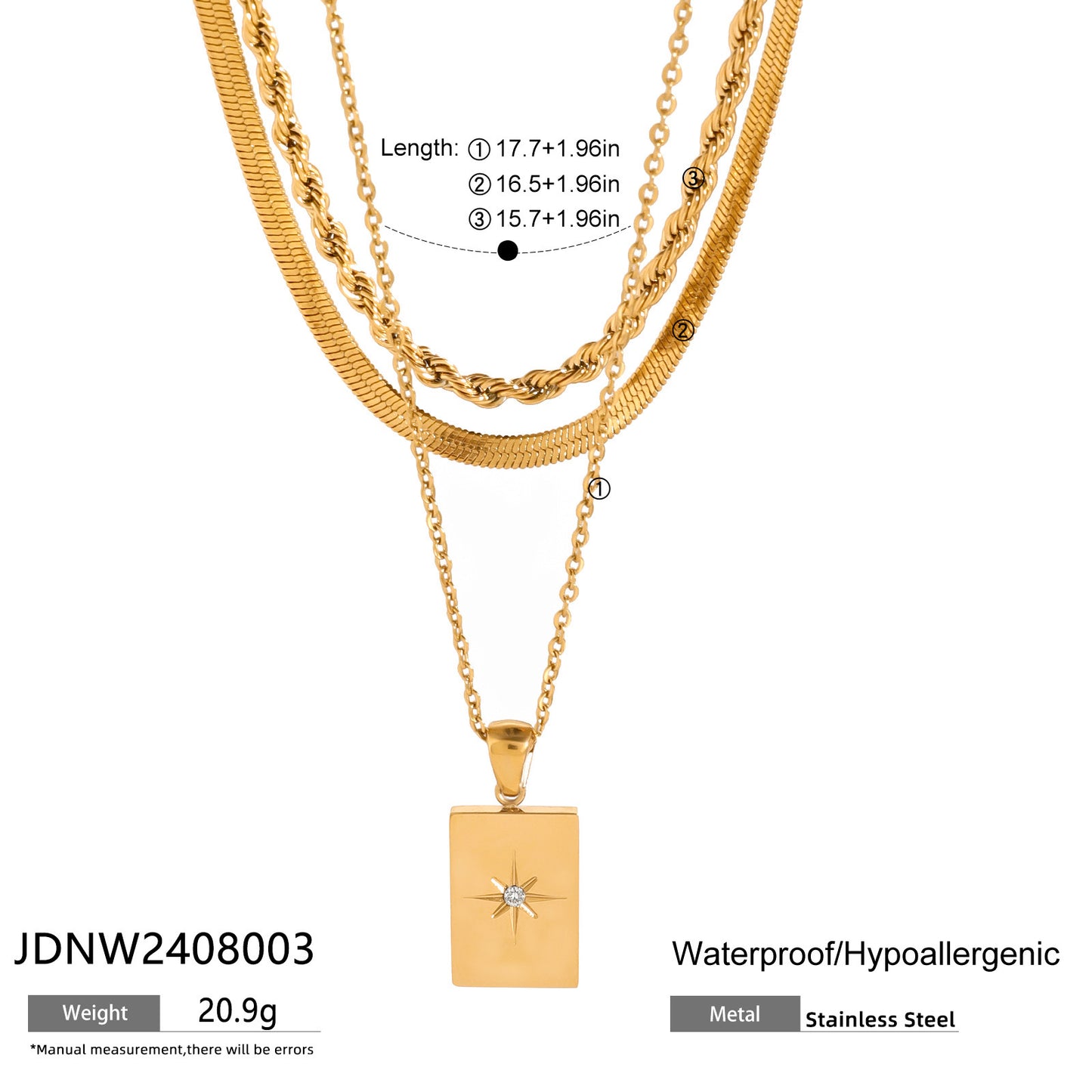 18K Gold Starburst Pendant Herringbong Snake Rope Chain Layered Necklace