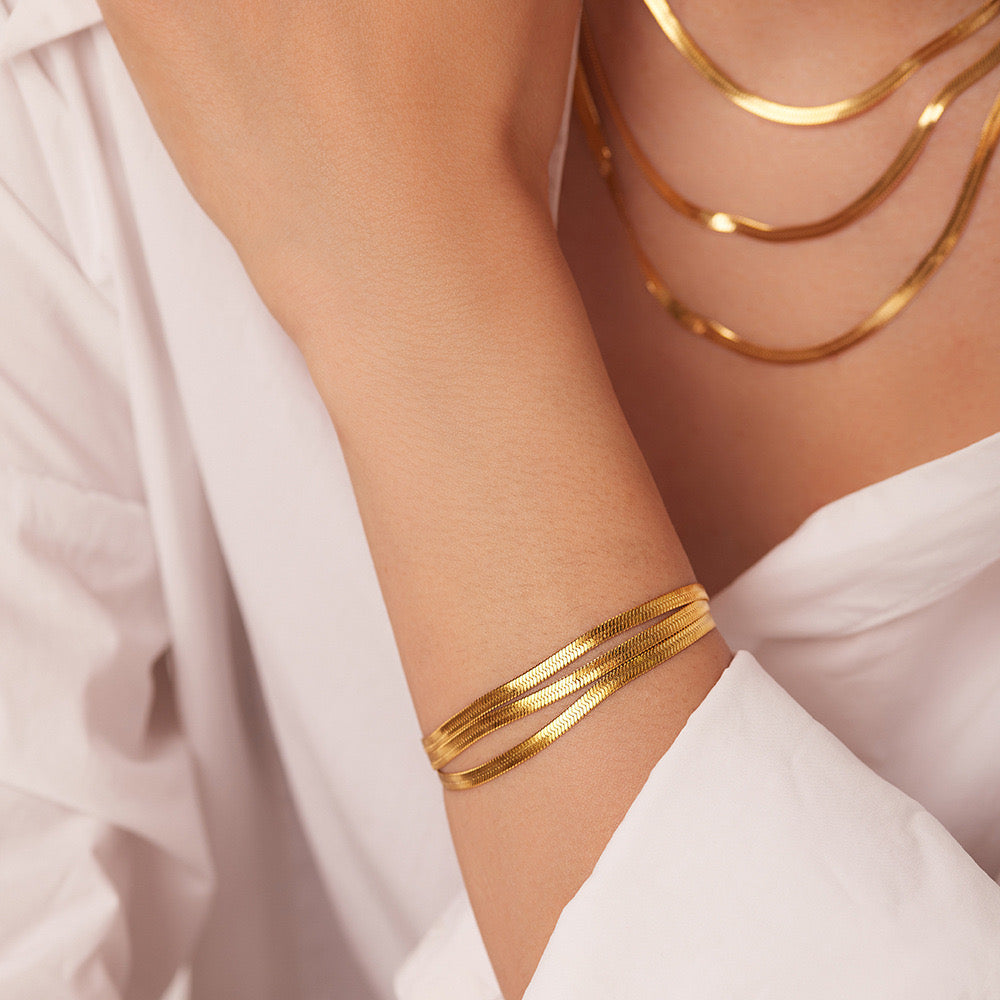 18K Gold Herringbone Snake Chain Layered Necklace Set