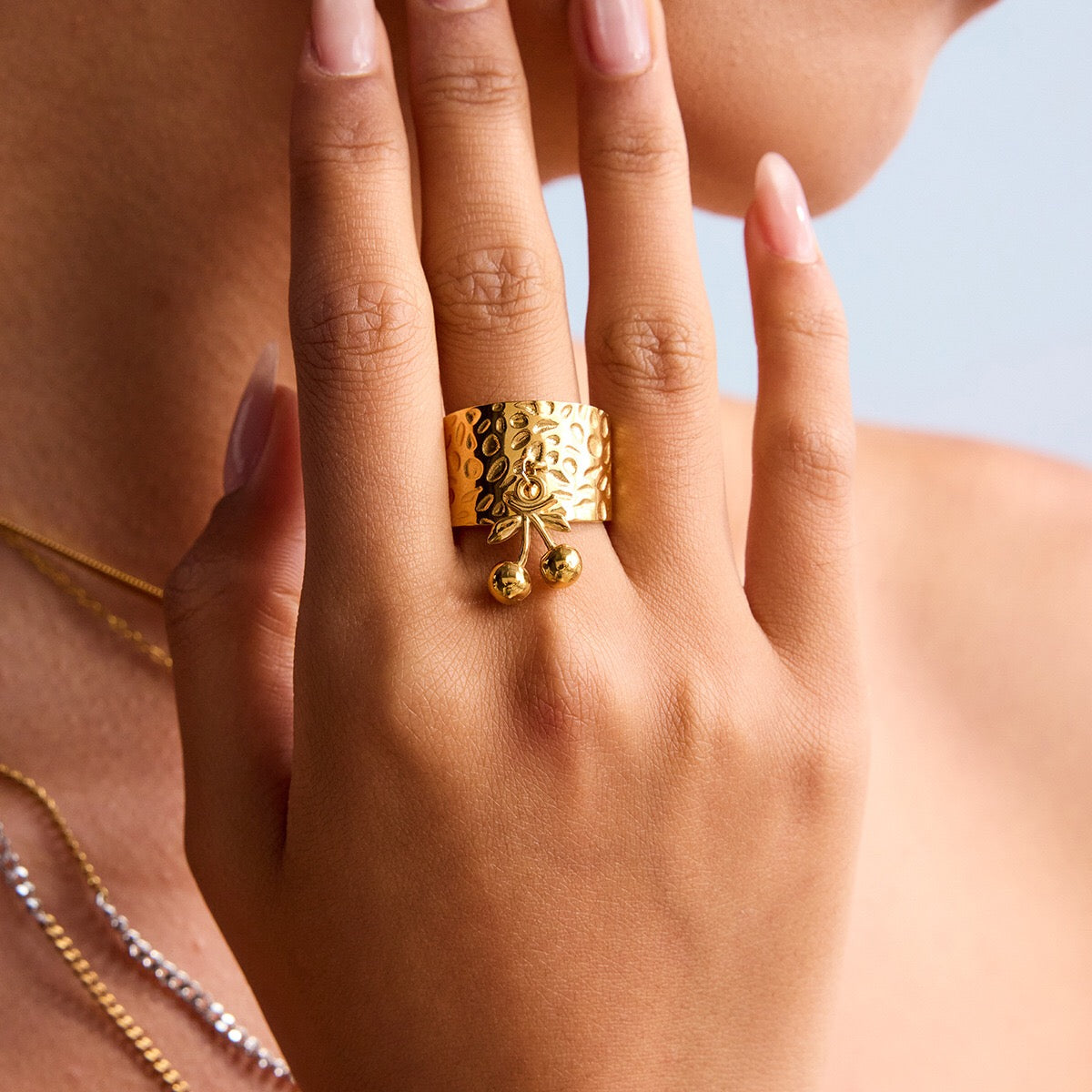 18K Gold Cherry Charm Band Ring
