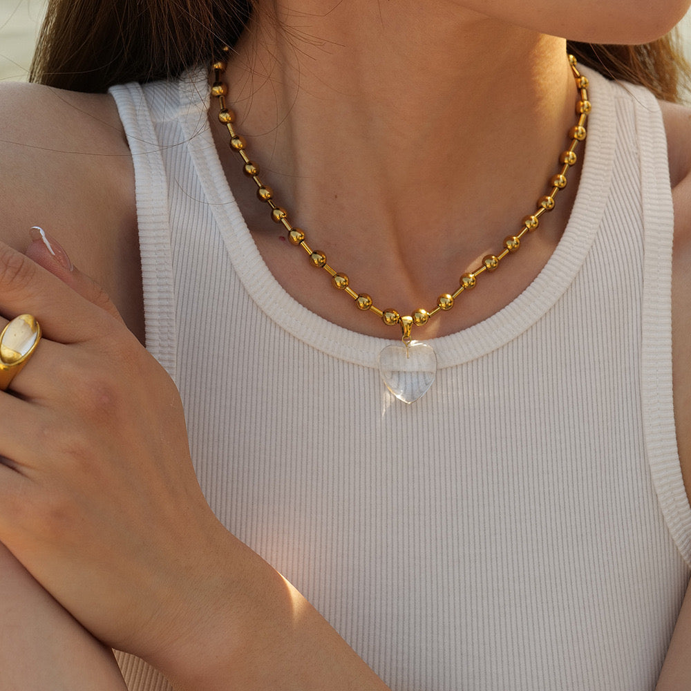 18K Gold Clear Jelly Heart Pendant Beaded Ball Chain Necklace