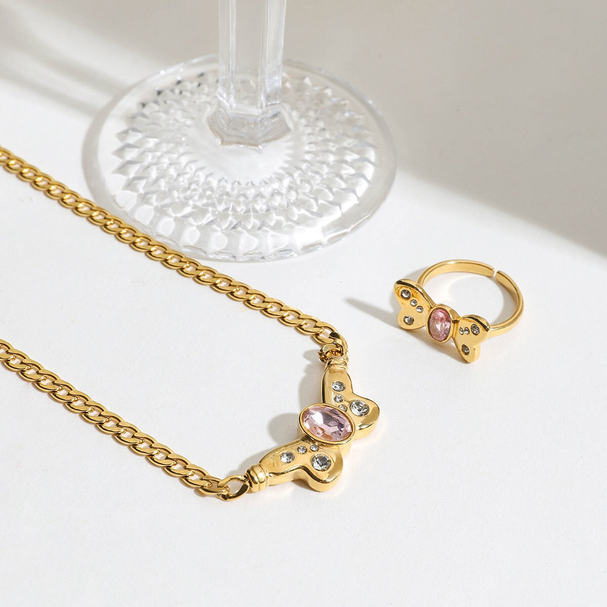 18K Gold Pink Butterfly Curb Chain Necklace