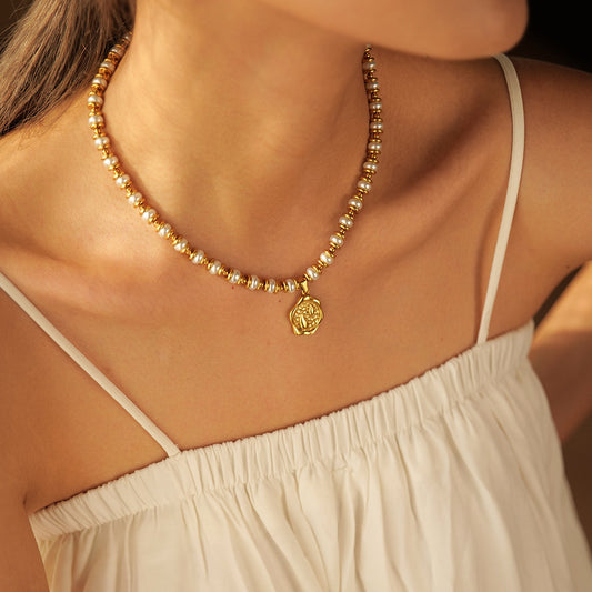 18K Gold Pearl Beaded Sealing Stamp Pendant Necklace