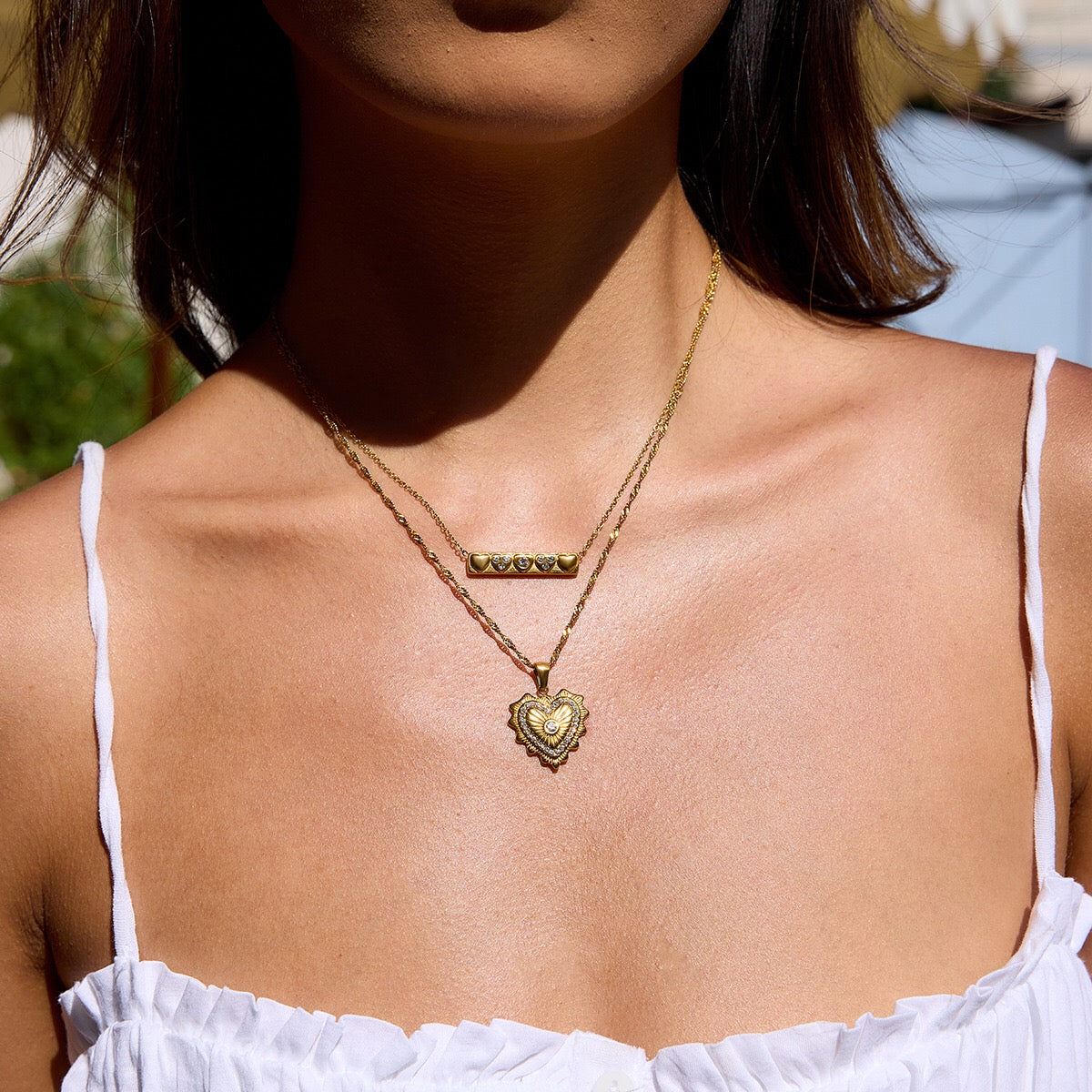 18K Gold Heart Signal Pendant Layered Necklace Set