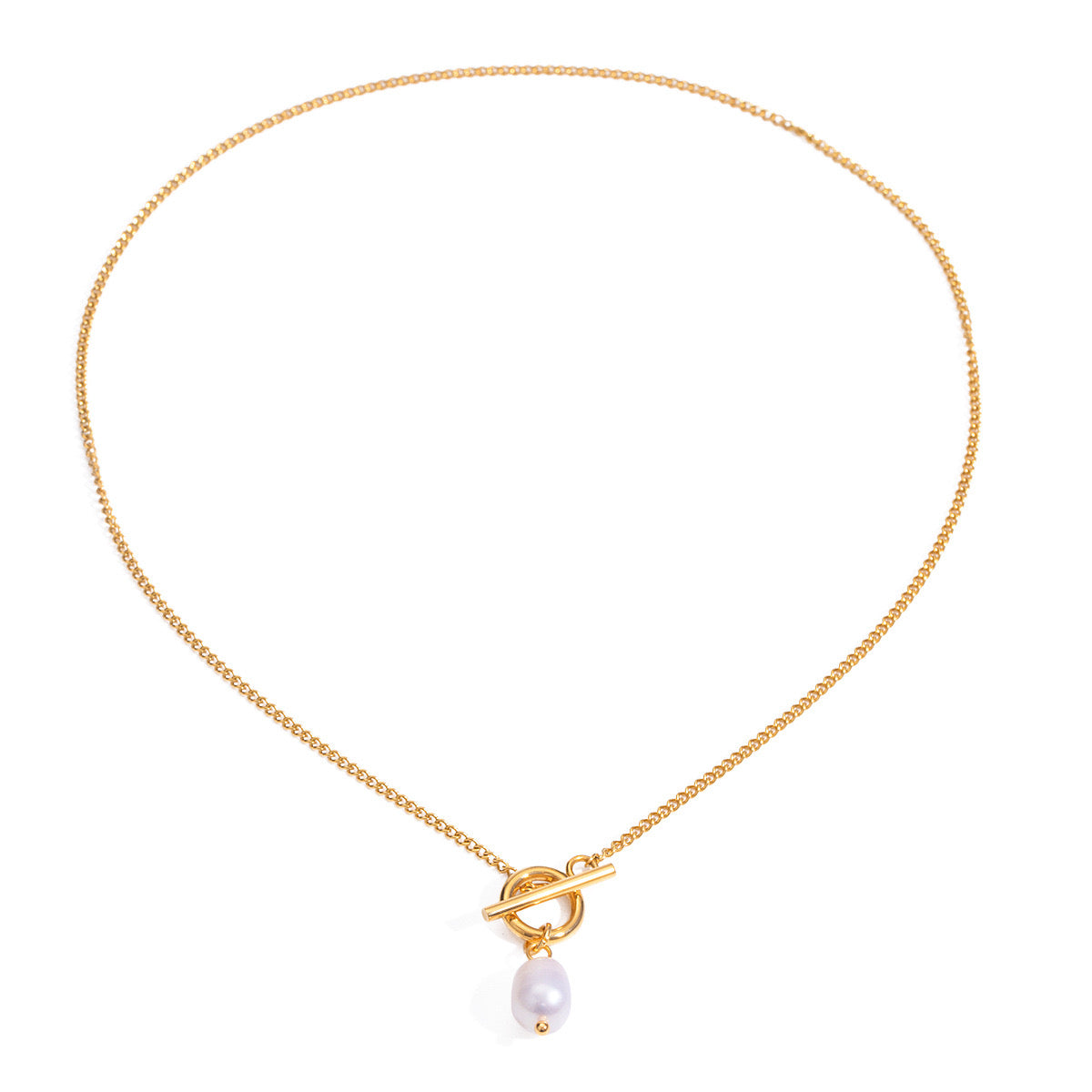 18K Gold Simple Pearl Pendant Toggle Chain Necklace