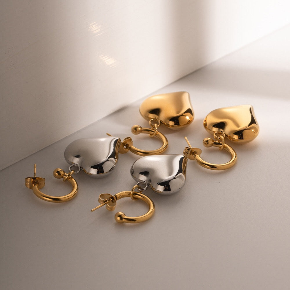 18K Gold Heart Dangle Huggie Earrings with Charm