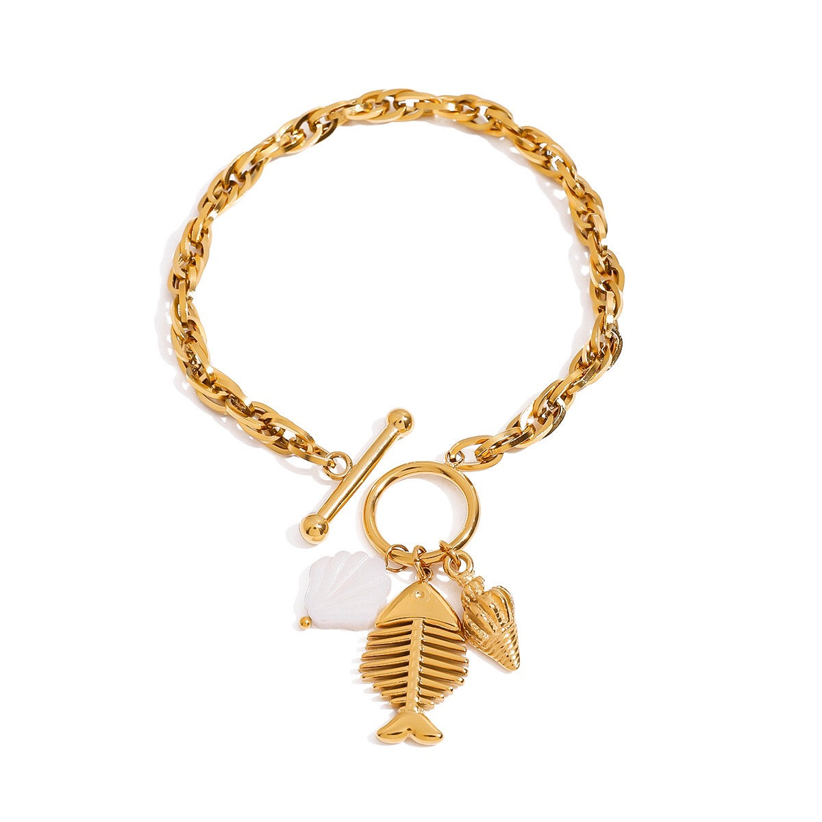18K Gold Coastline Shell Fishbone Toggle Chain Charm Bracelet