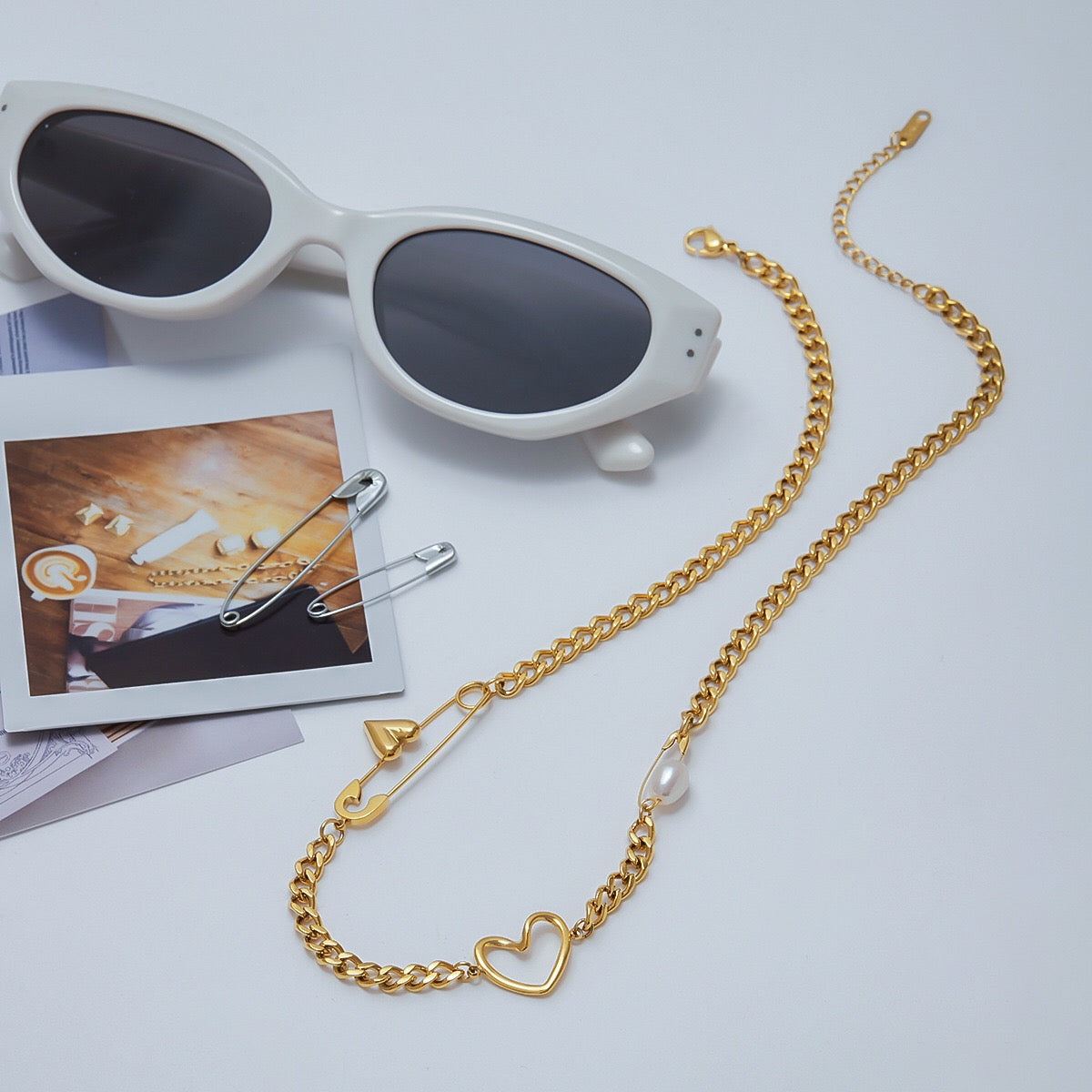18K Gold Heart Safety Pin Pearl Cuban Curb Chain Necklace