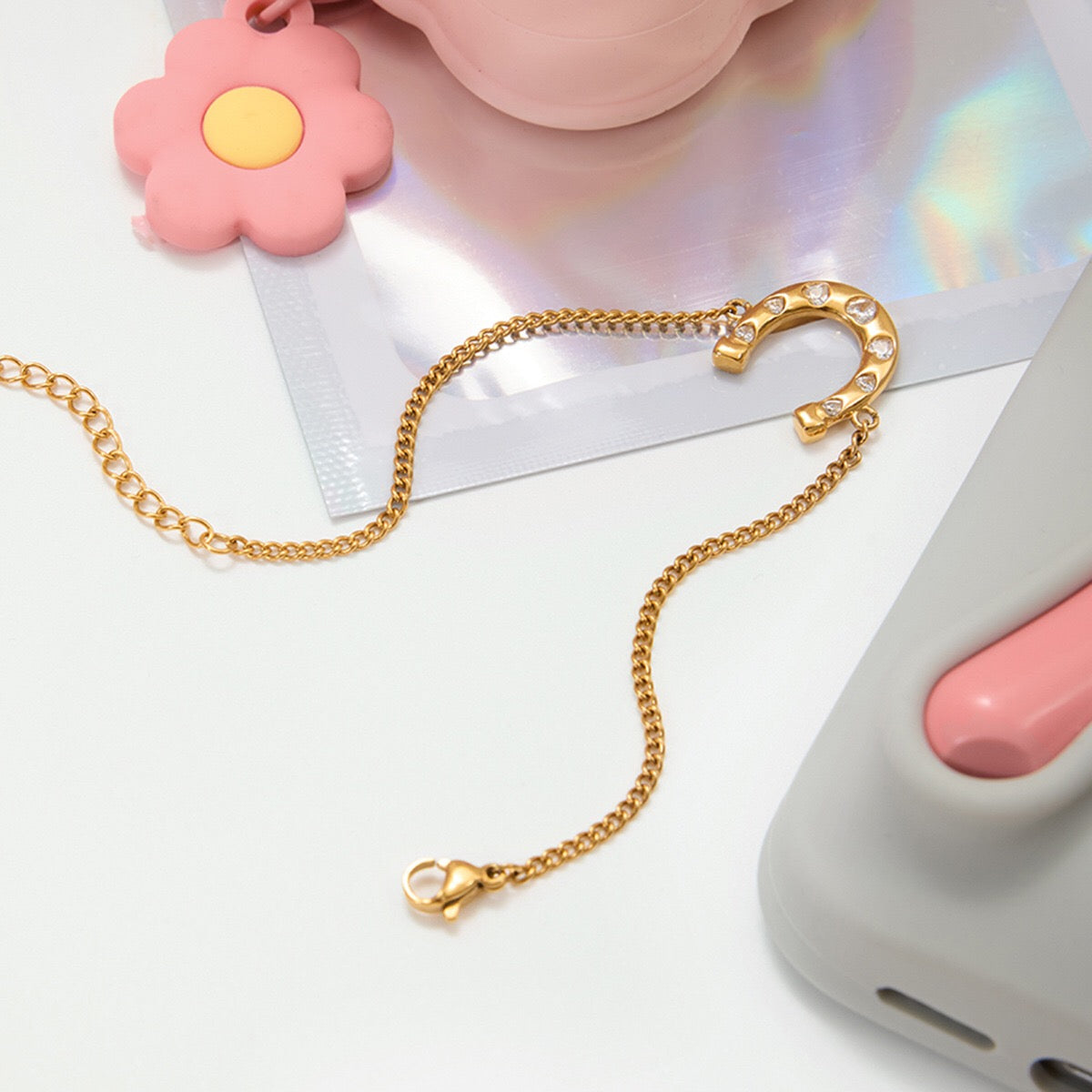 18K Gold Intimate Heart Tennis Horseshoe Chain Bracelet Stack