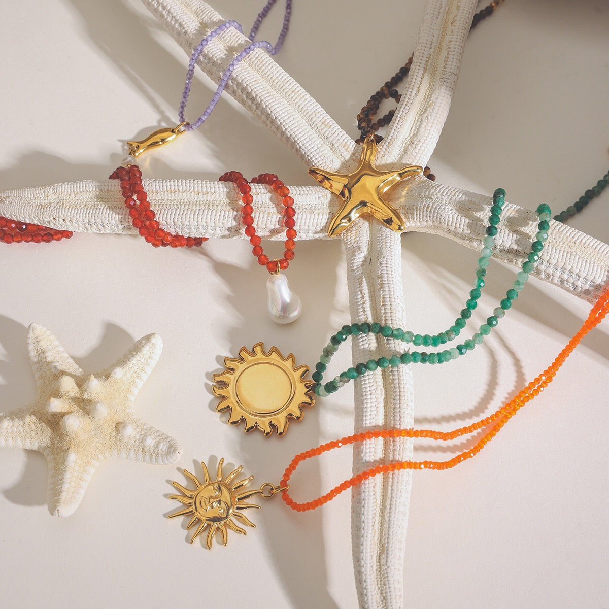 18K Gold Summer Color Beaded Chain Pendant Statement Necklace