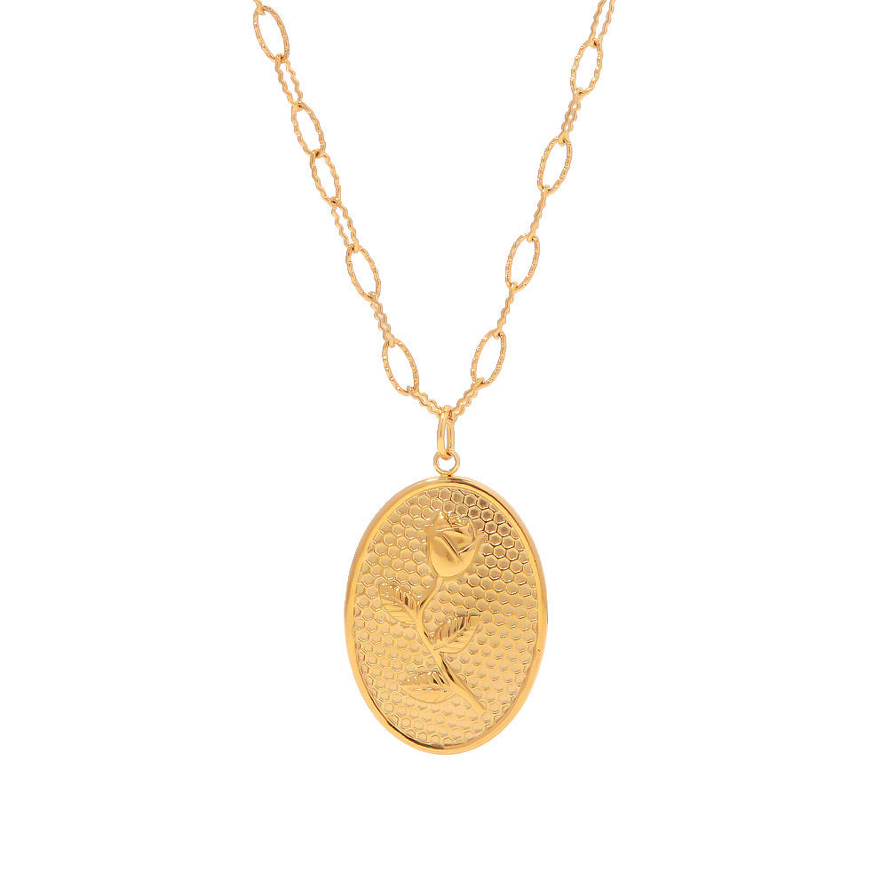 18K Gold Rose Oval Plate Pendant Necklace