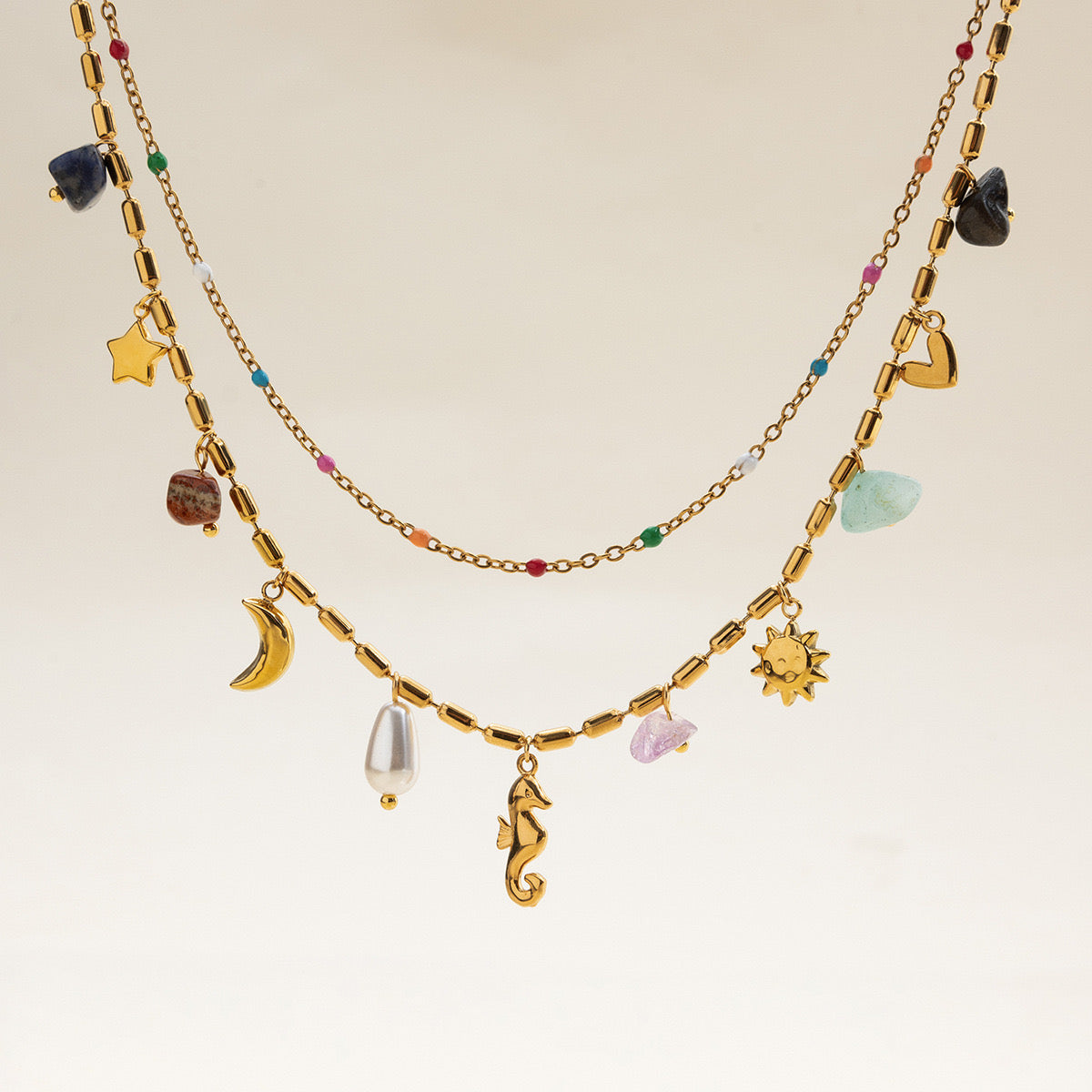 18K Gold Summer Memory Color Charm Double Chain Layered Necklace Set
