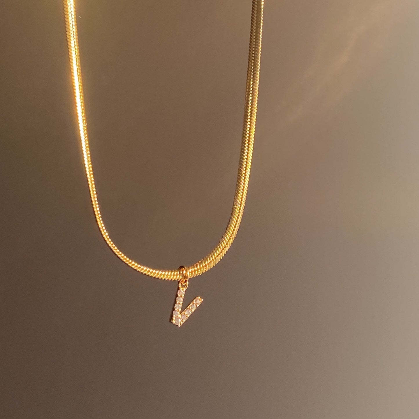 18K Gold Minimalist Glam Herringbone Chain Initial Dainty Necklace