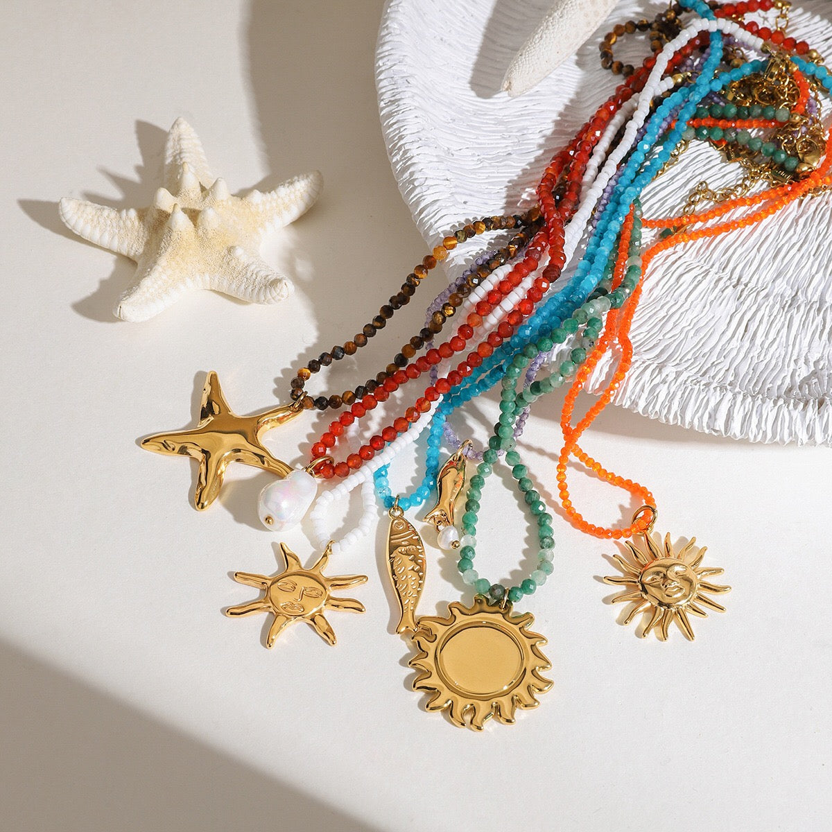 18K Gold Summer Color Beaded Chain Pendant Statement Necklace