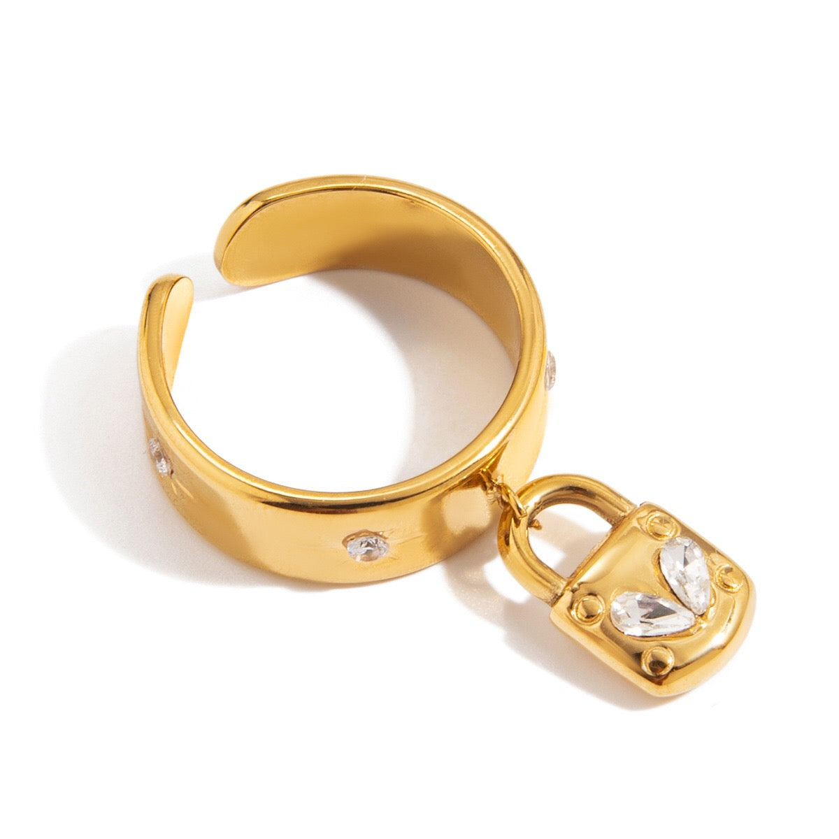 18K Gold Heart Locked Charm Statement Band Ring