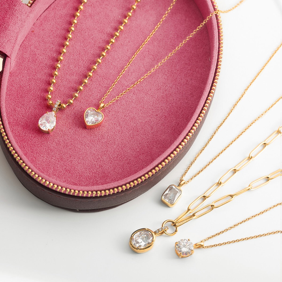 18K Gold Minimal Glow CZ Pendant Paperclip Beaded Chain Layered Necklace Set