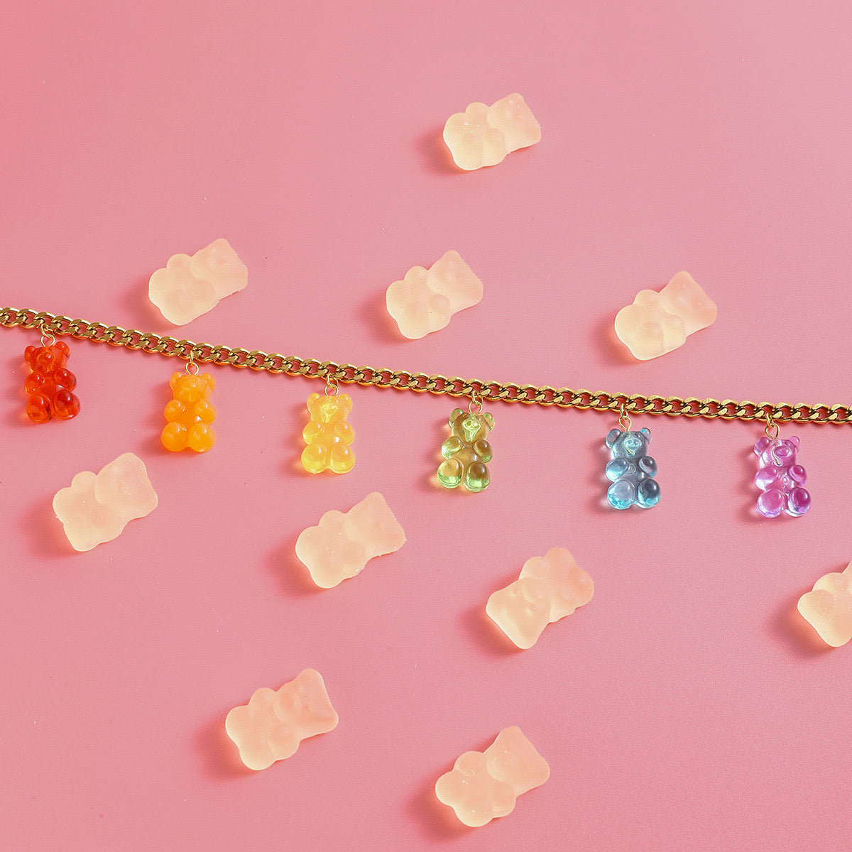 18K Gold Rainbow Color Gummy Bear Cuban Link Statement Charm Necklace
