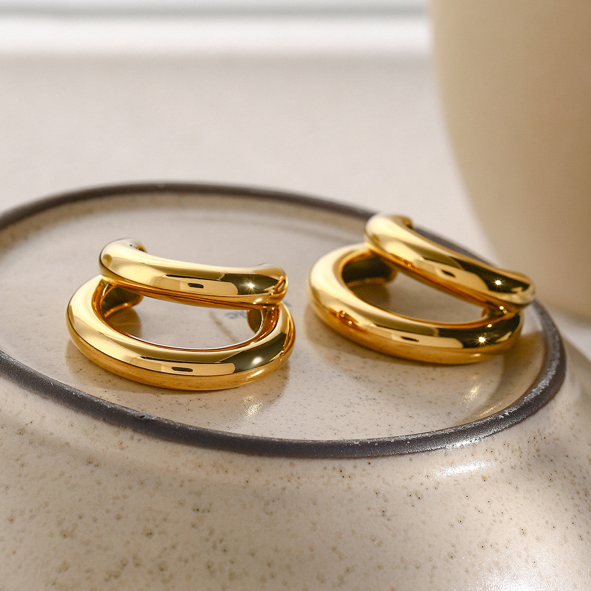 18K Gold Unique Double Hoop Huggie Earrings