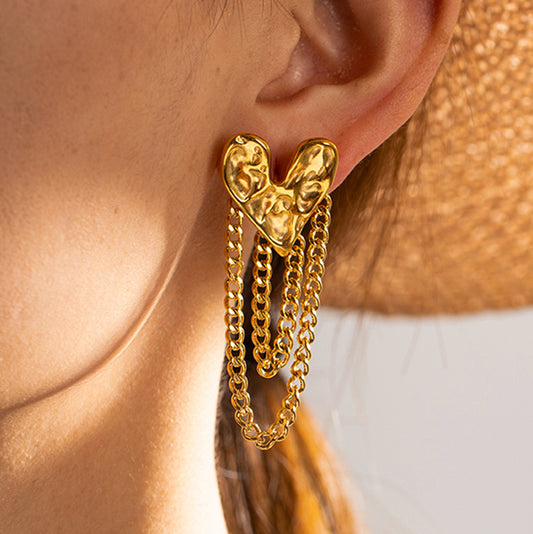 18K Gold Heart Chain Drop Dangle Earrings
