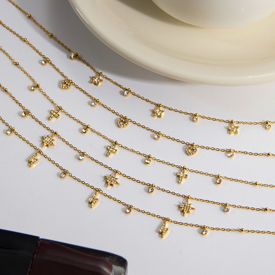 18K Gold Tempting Shimmer Heart Star Dainty Chain Necklace