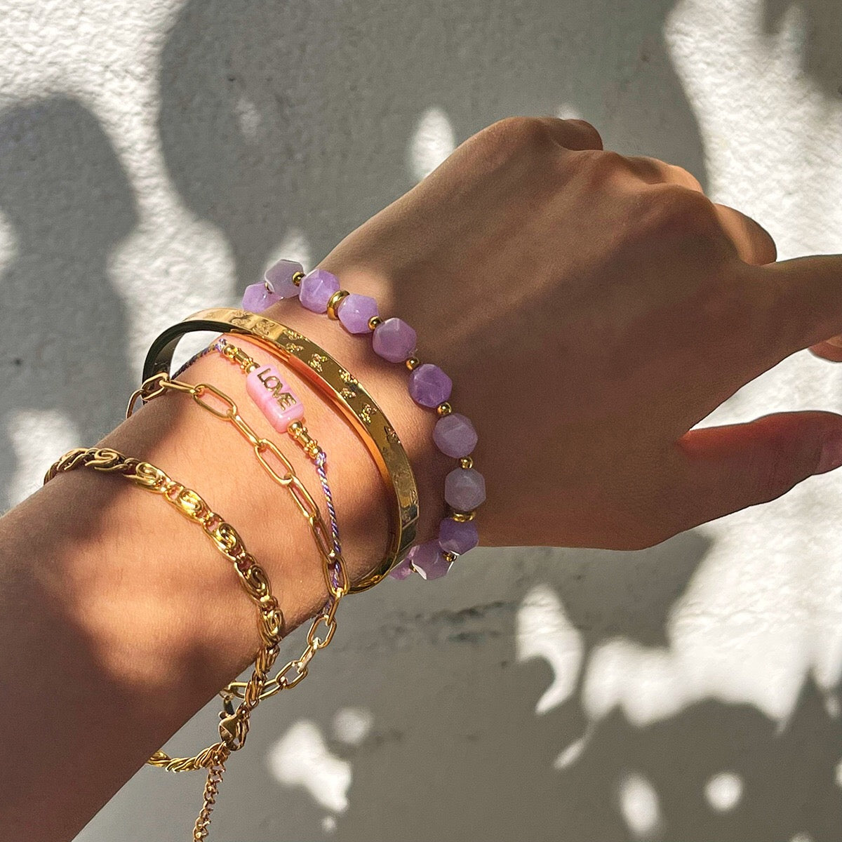 18K Gold Purple Dream Beaded Chain Butterfly Bangle Bracelet Stack