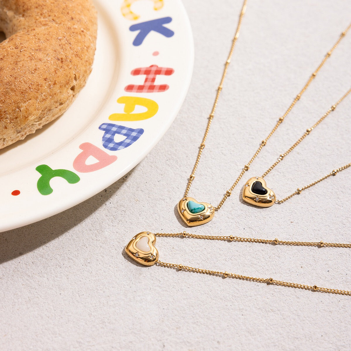 18K Gold Natural Stone Stars Adorned Dainty Heart Pendant Necklace