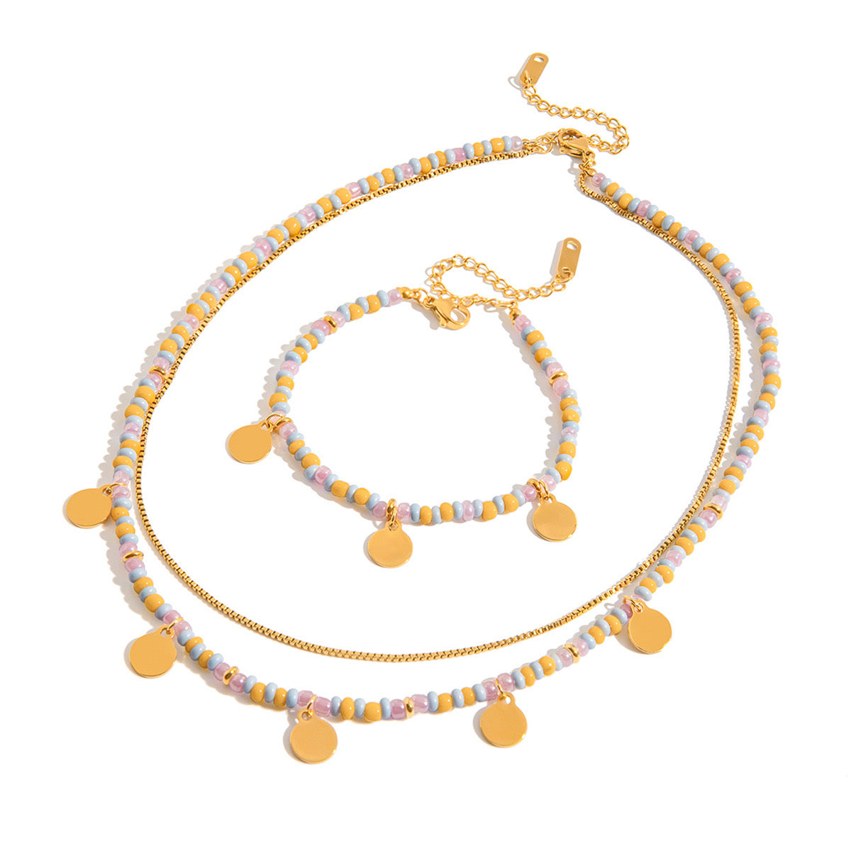 18K Gold Pastel Color Beaded Box Chain Layered Necklace Set