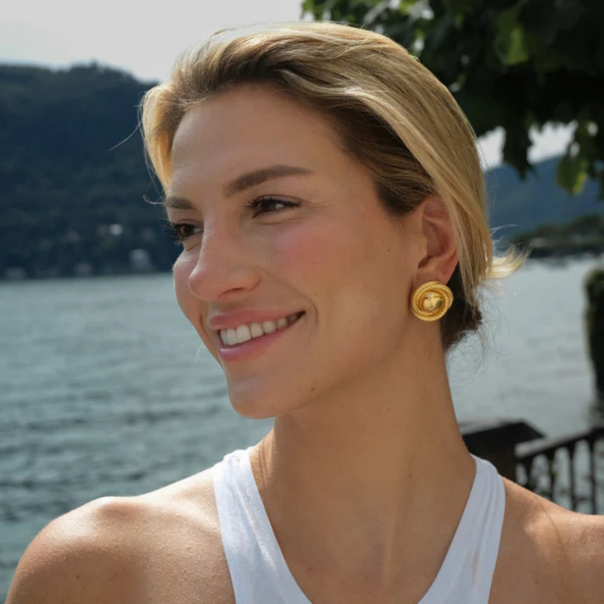 18K Gold Swirl Flower Statement Stud Earrings
