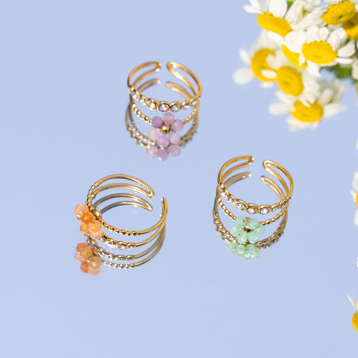 18K Gold Pastel Color Bejeweled Flower Ring