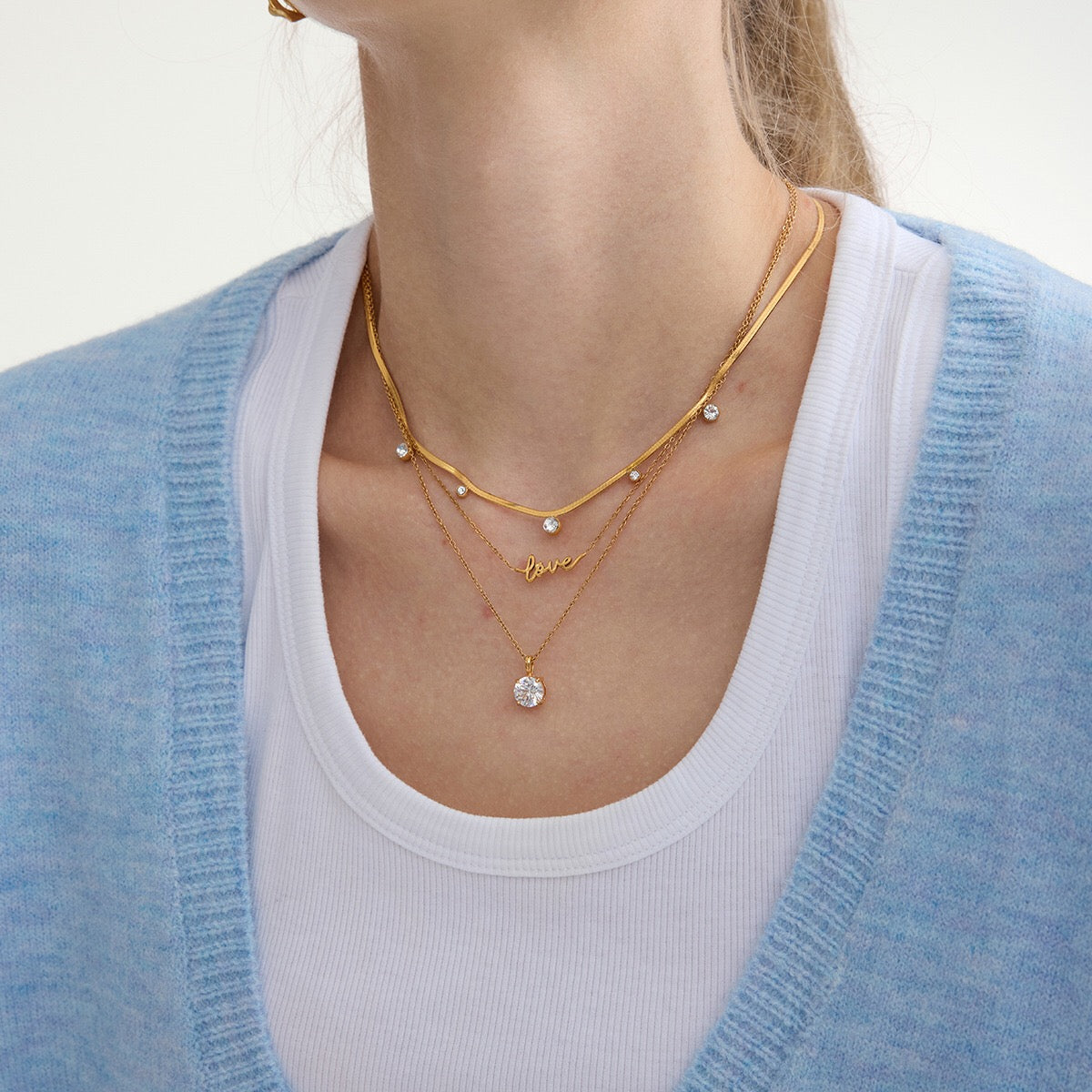 18K Gold Minimal Glow CZ Pendant Paperclip Beaded Chain Layered Necklace Set