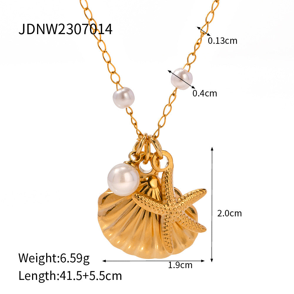 18K Gold Pearl Beads Chain Seashell Starfish Charm Necklace