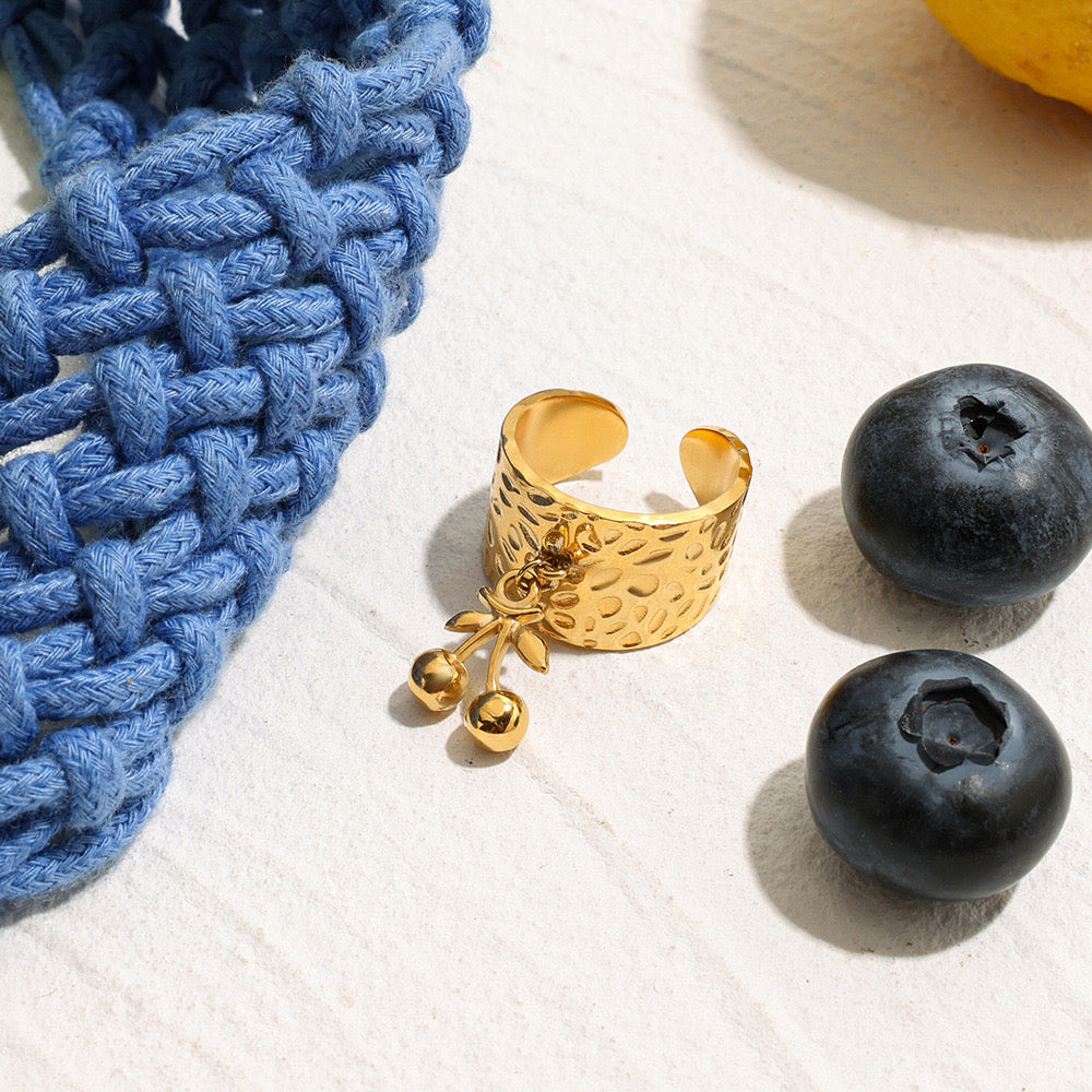 18K Gold Cherry Charm Band Ring