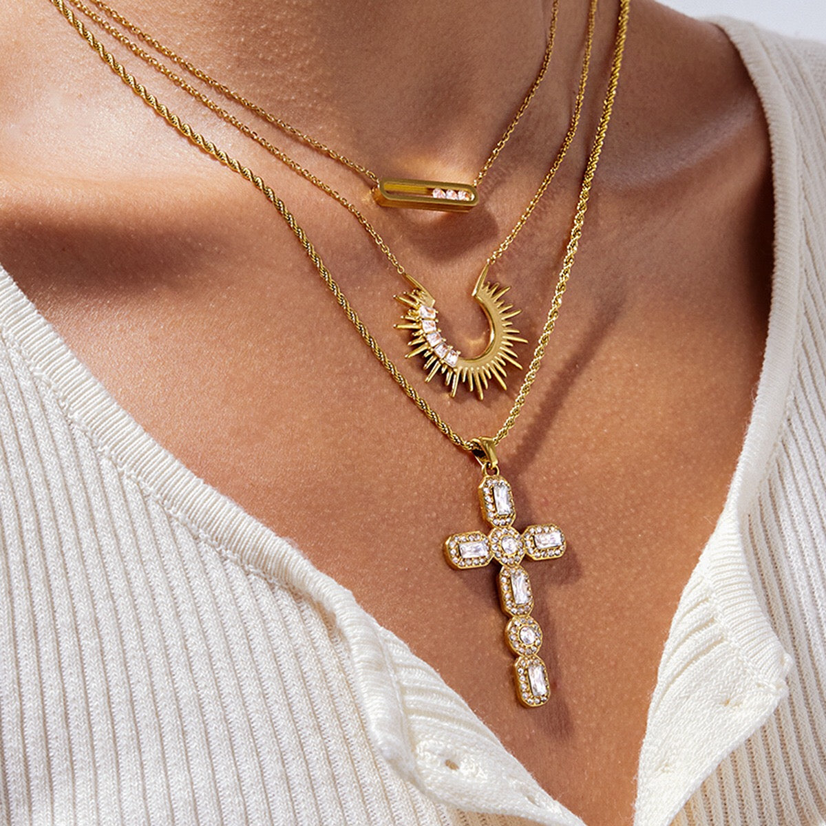 18K Gold Bejeweled Cross Sunburst Pendant Statement Layered Necklace Set