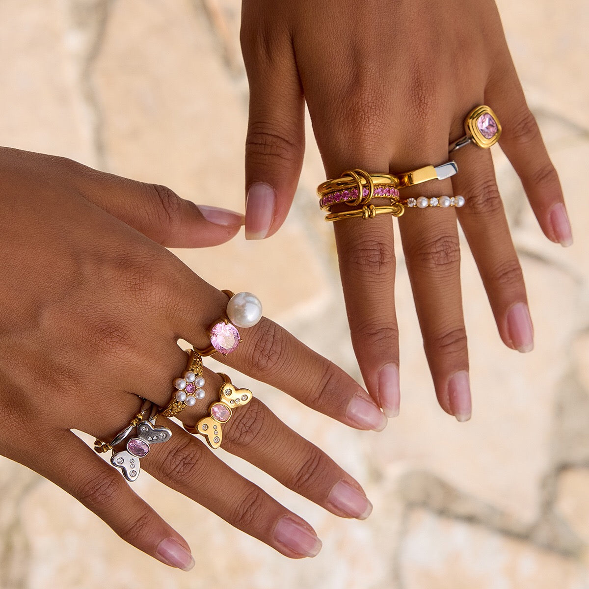 18K Gold Pink Princess Statement Stacking Rings