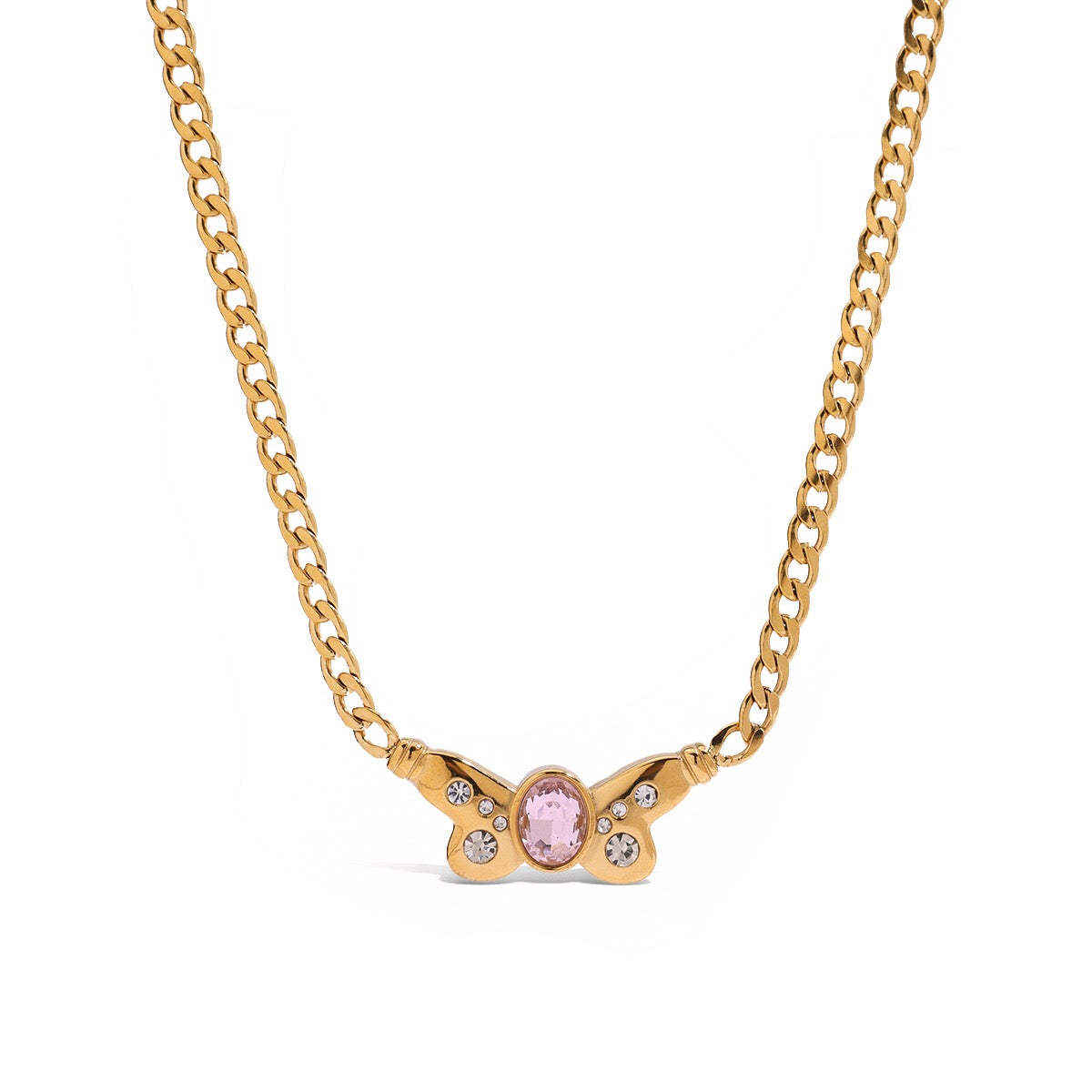 18K Gold Pink Butterfly Curb Chain Necklace
