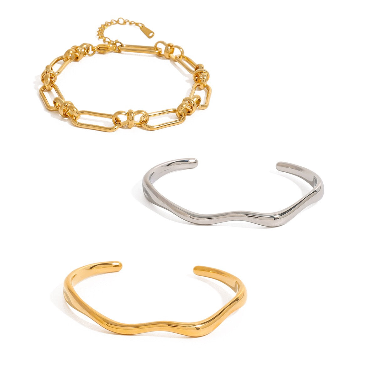 18K Gold Heatwave Paperclip Chain Bracelet Cuff Bangle Stack