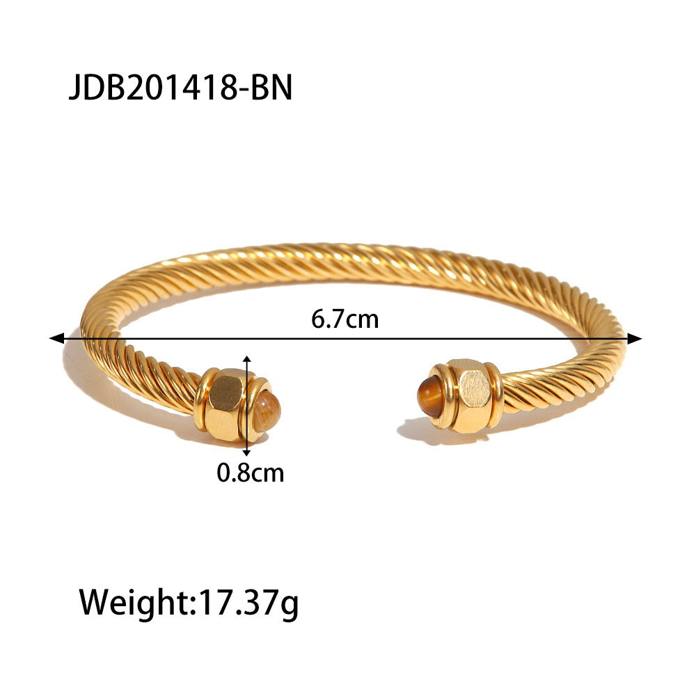 18K Gold Natural Stone Twisted Ribbed Cuff Bangle Bracelet