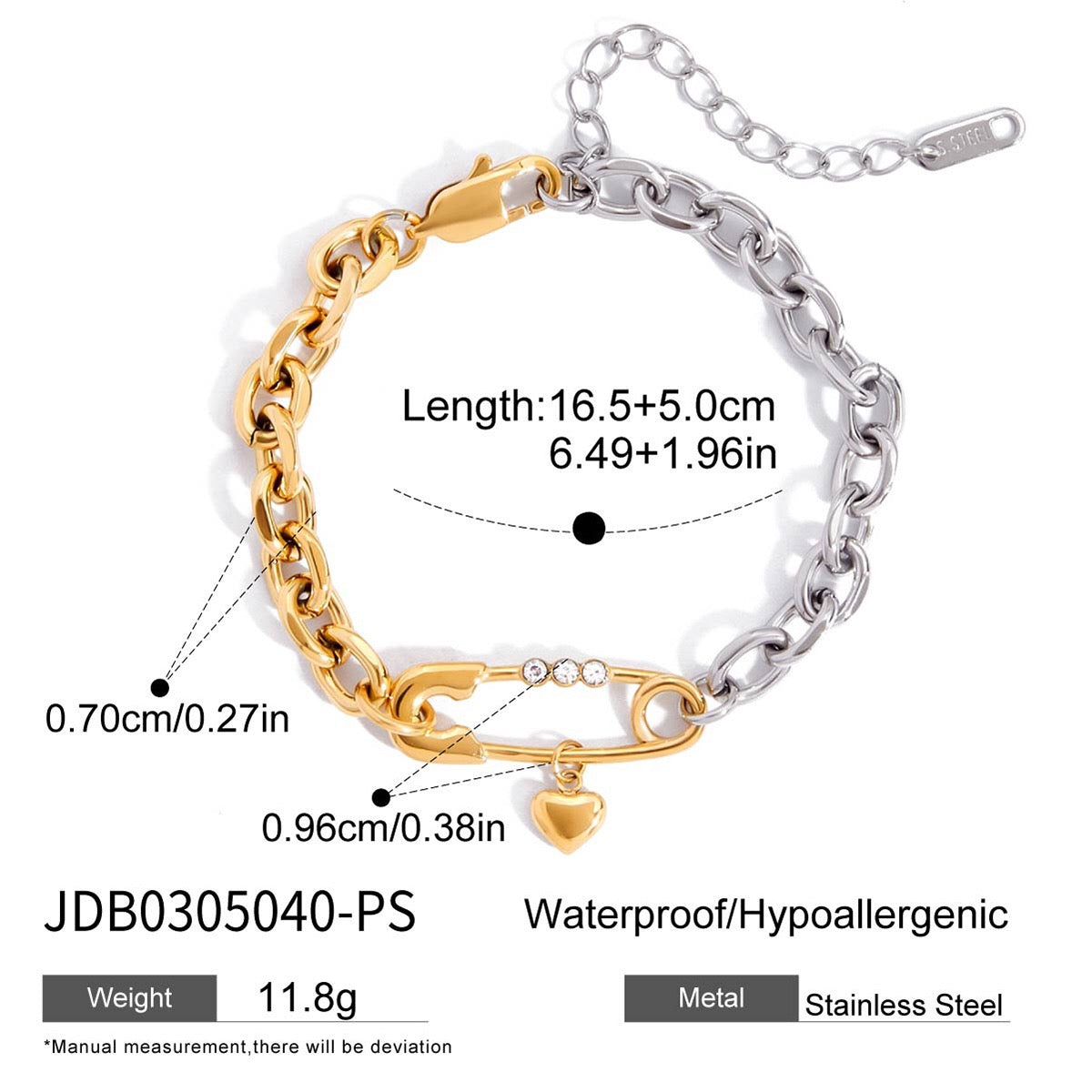 18K Gold and Silver Two Tone Safety Pin Dainty Chain Bracelet Stack