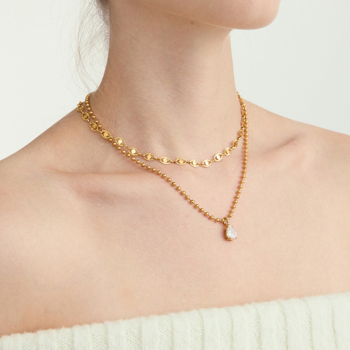 18K Gold Minimal Glow CZ Pendant Paperclip Beaded Chain Layered Necklace Set