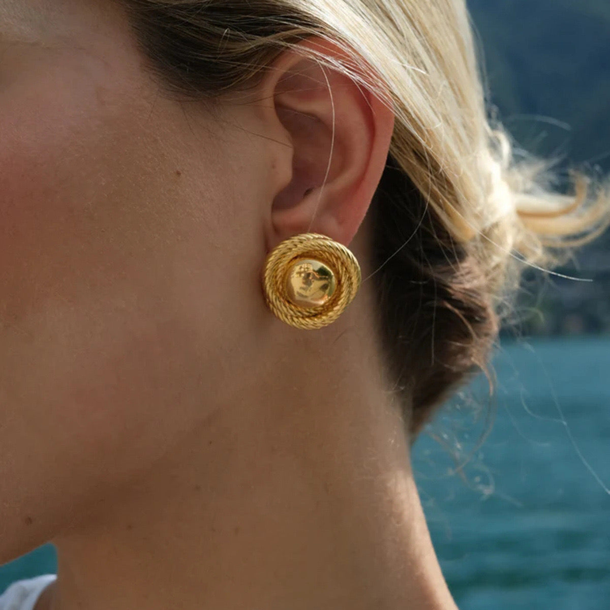 18K Gold Swirl Flower Statement Stud Earrings