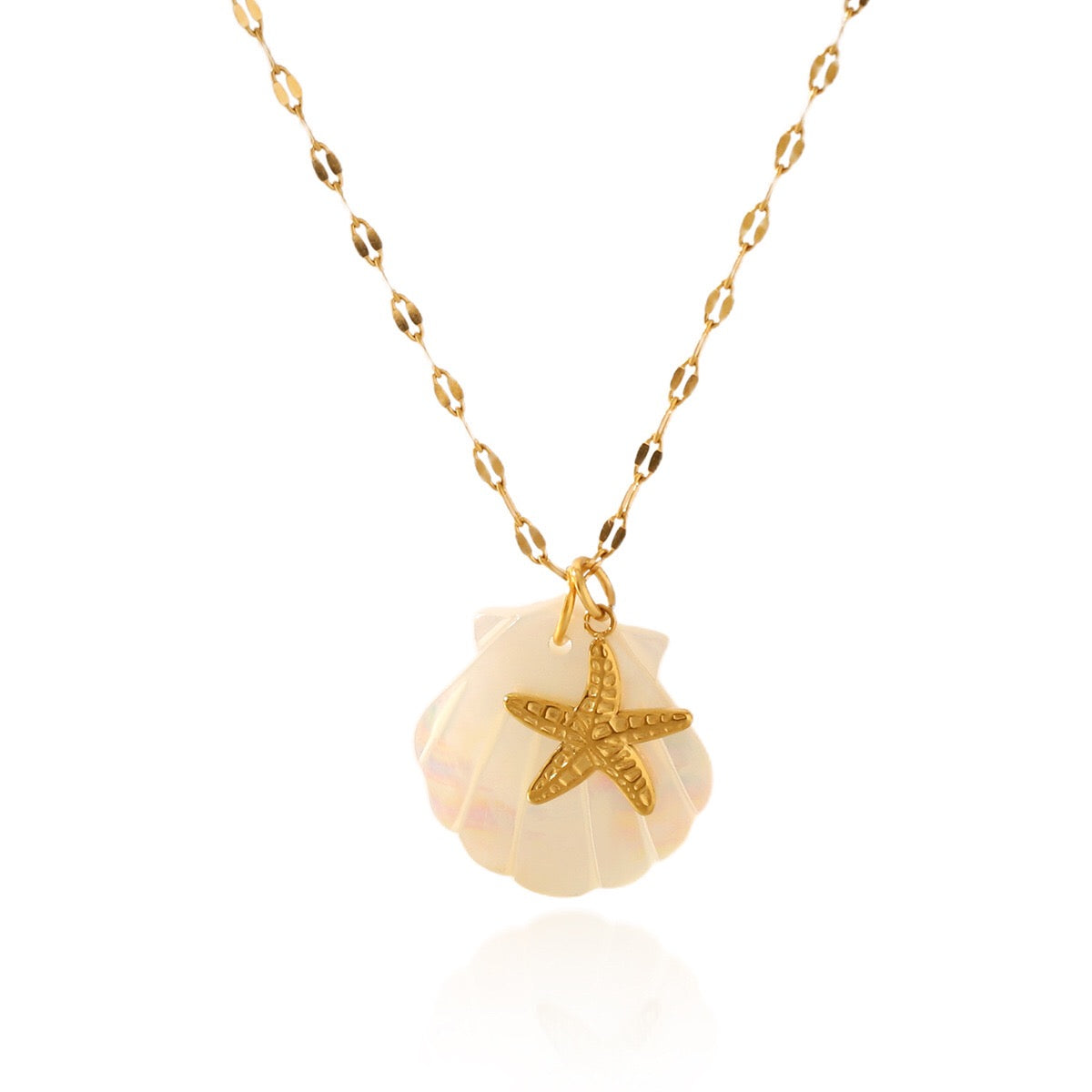 18K Gold Mother of Pearl Seashell Ocean Charm Pendant Necklace