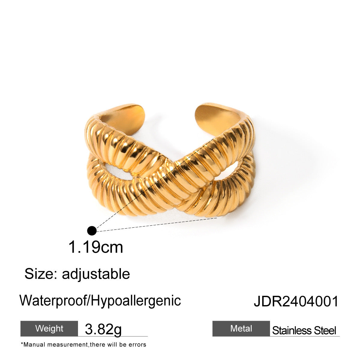 18K Gold Ribbed Cross Band Ring