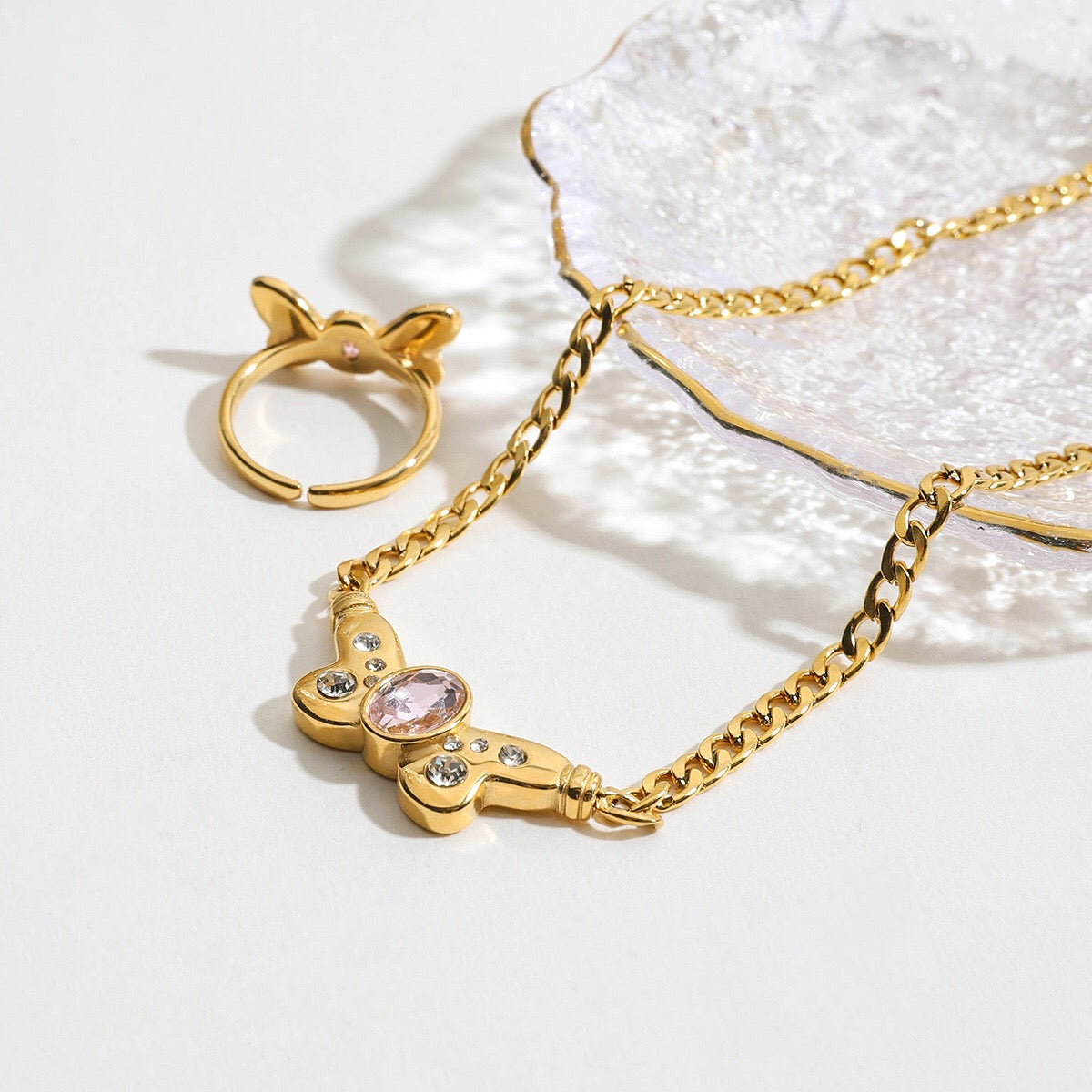 18K Gold Pink Butterfly Curb Chain Necklace