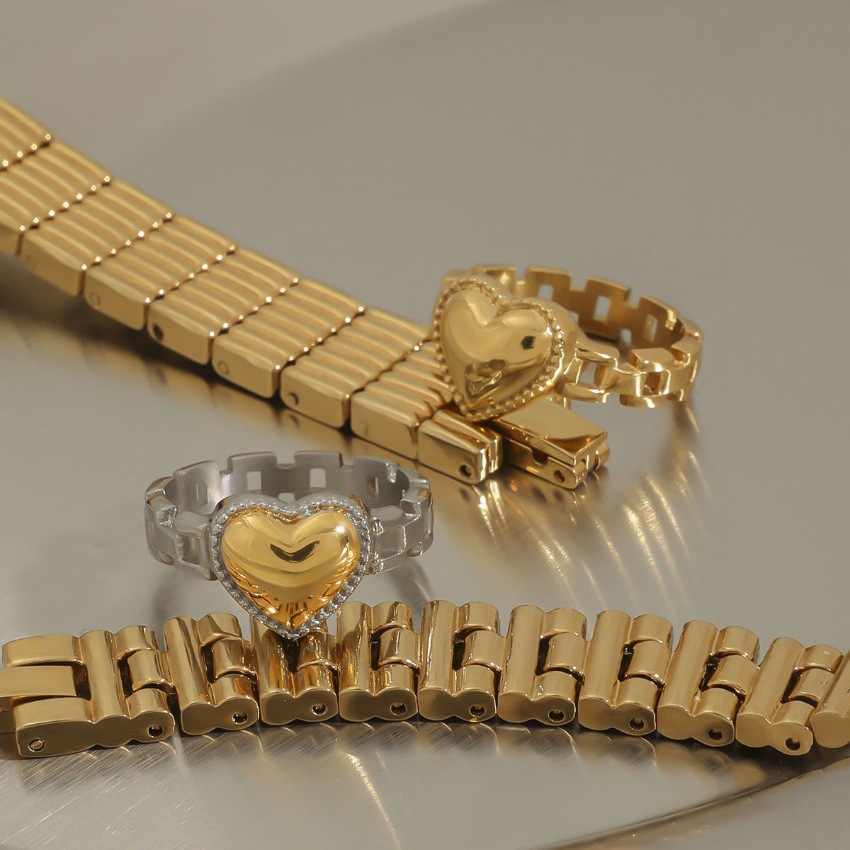 18K Gold and Silver Two Tone Delicate Heart Watch Band Ring