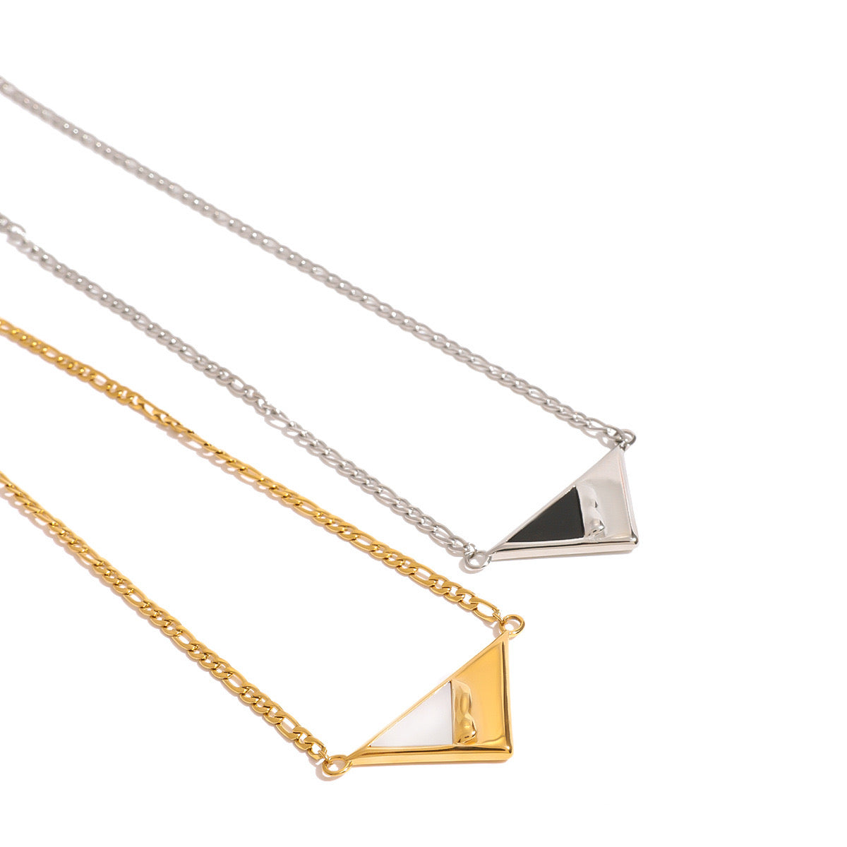 18K Gold Mother of Pearl Triangle Pendant Figaro Chain Necklace