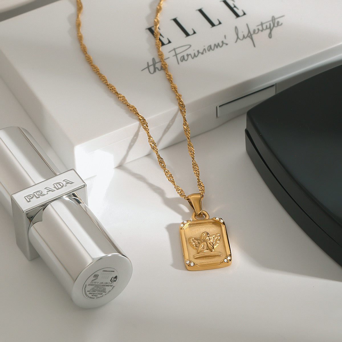 18K Gold Cupid Plate CZ Pendant Necklace