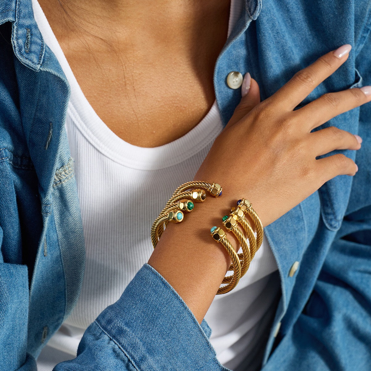 18K Gold Natural Stone Twisted Ribbed Cuff Bangle Bracelet