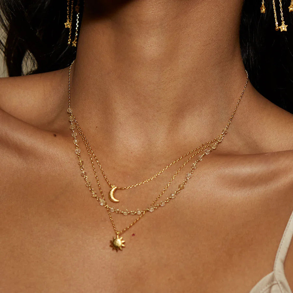 18K Gold Sun And Moon Dainty Chain Layered Necklace