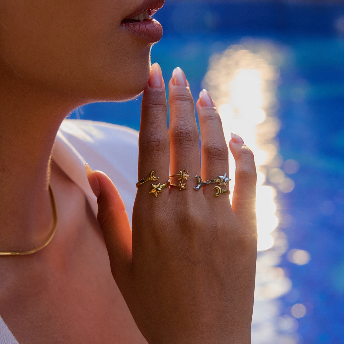 18K Gold Star and Moon Two Tone Silver Ring