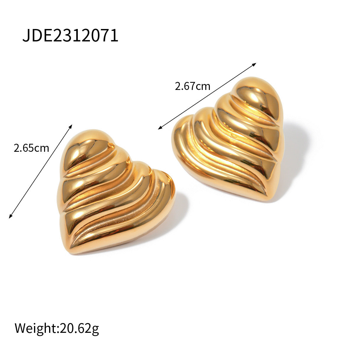 18K Gold Ribbed Heart Statement Stud Earrings